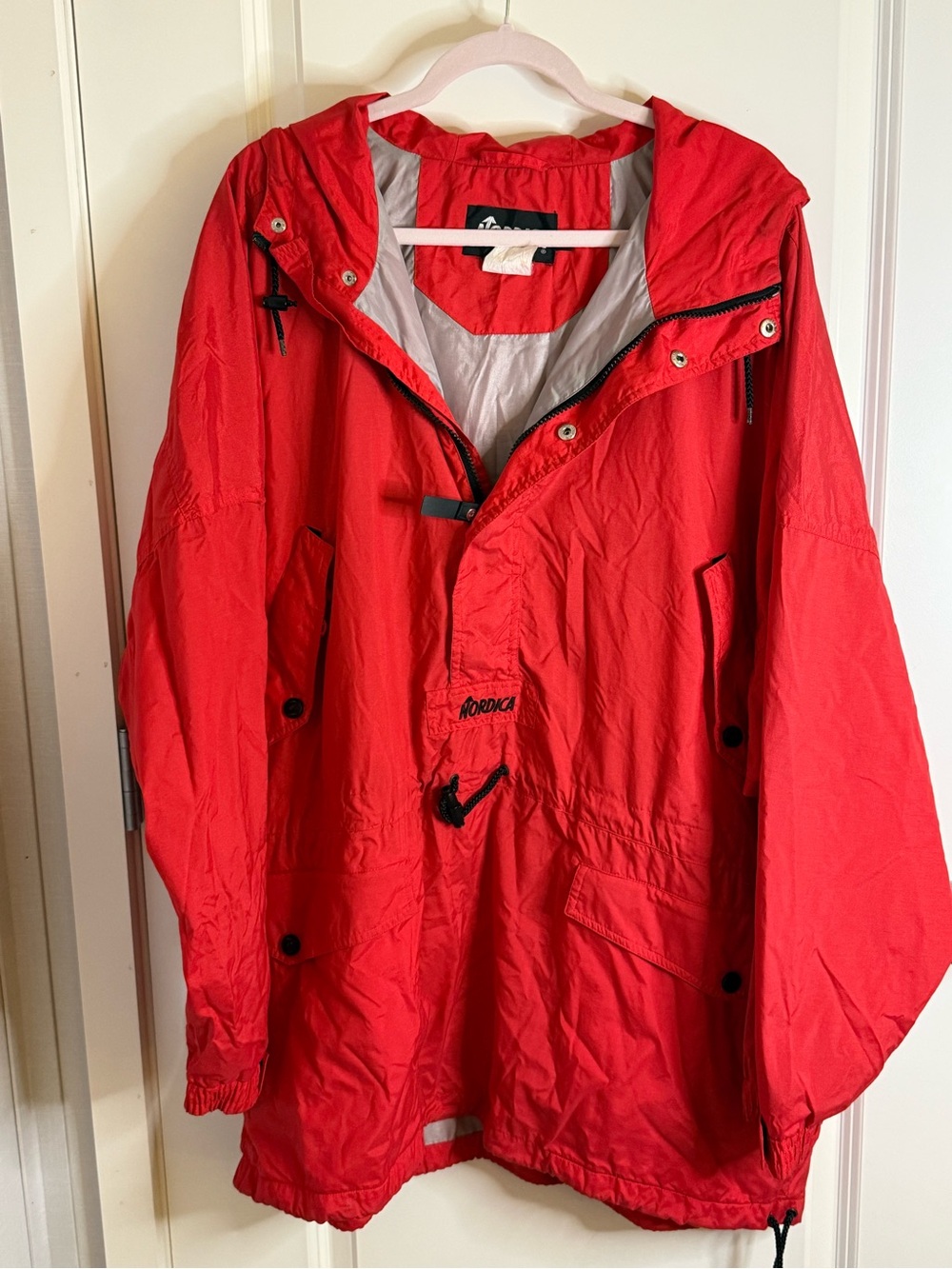 vintage nordica anorak ski jacket men’s xl red hooded pullover half zip retro